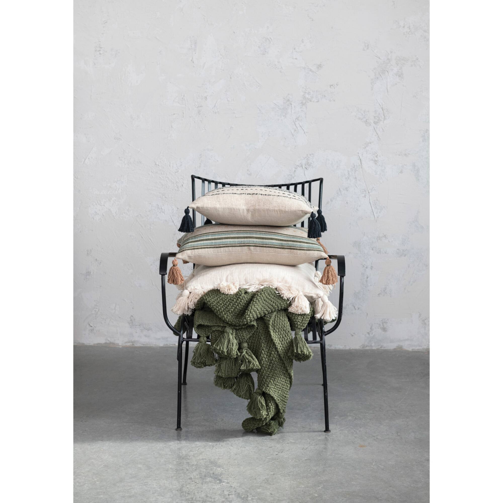 Hello Honey® Hand-Embroidered Stripes Cotton & Linen Blend Pillow with Tassels